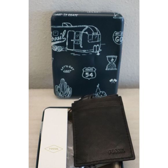 Fossil Black Neel Magnetic Card Case Leather Wallet w/Metal Case RFID Protection - Picture 2 of 8